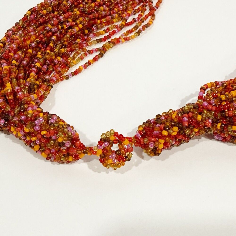 Vtg Necklace red and orange seed beads 30 strands 20 in long crocheted ends - Picture 5 of 8